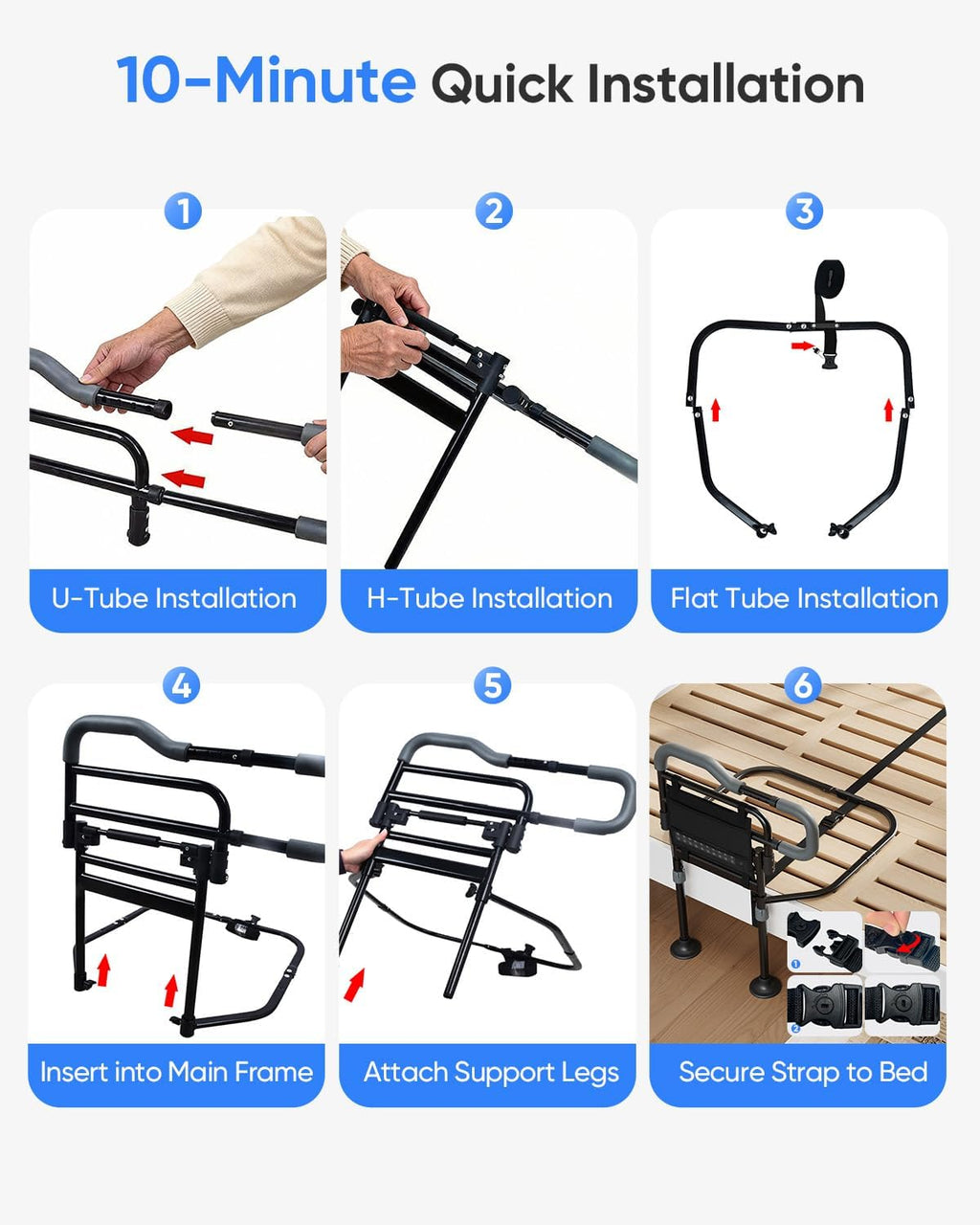 Folding Bed Rails for Elderly, Height-Adjustable Bed Assist Rail with Motion Light

