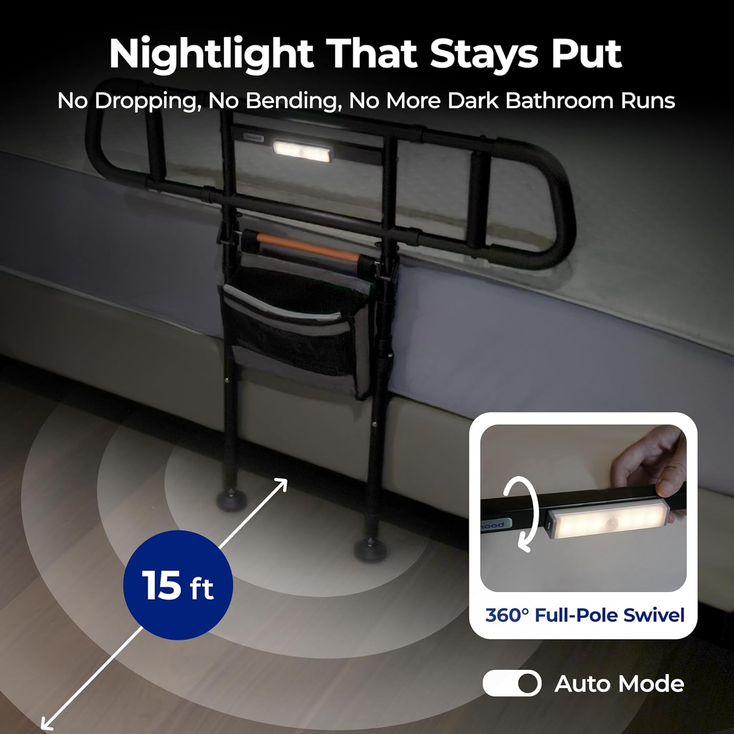 Bed Safety Assist Rail for Elderly Adults with Adjustable Height and LED Night Light

