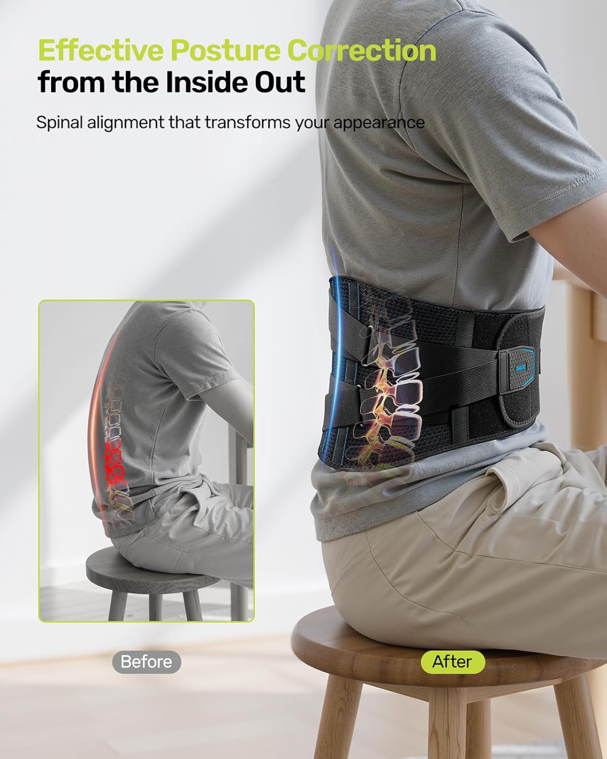 Rakiie Lumbar Back Brace with 4 Memory Alloy Stays and 3D Pad Support

