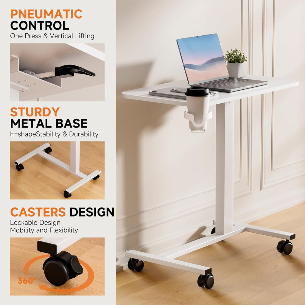 COMHOMA Adjustable Overbed Bedside Table with Lockable Wheels, Pneumatic Rolling Desk

