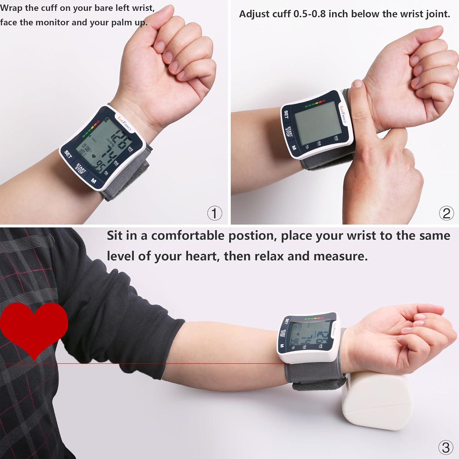 LotFancy Talking Wrist Blood Pressure Monitor, Automatic Cuff, Large LCD, 120 Memory

