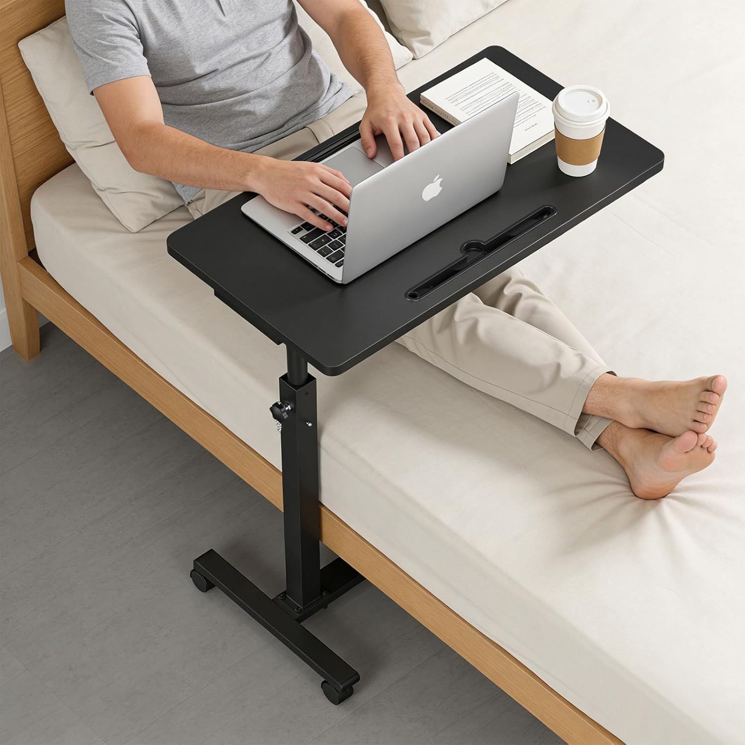 Eocnrhe Adjustable Overbed Bedside Table with Wheels, Rolling Hospital Desk

