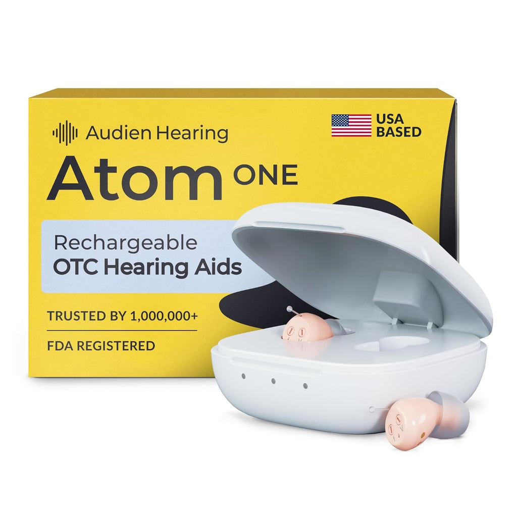 Audien Atom One OTC rechargeable wireless hearing aids with charging dock

