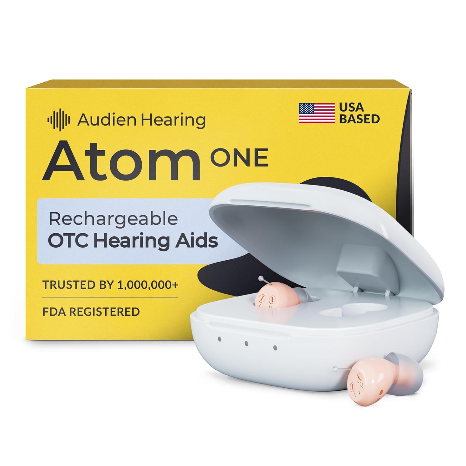 Audien Atom One OTC rechargeable wireless hearing aids with charging dock

