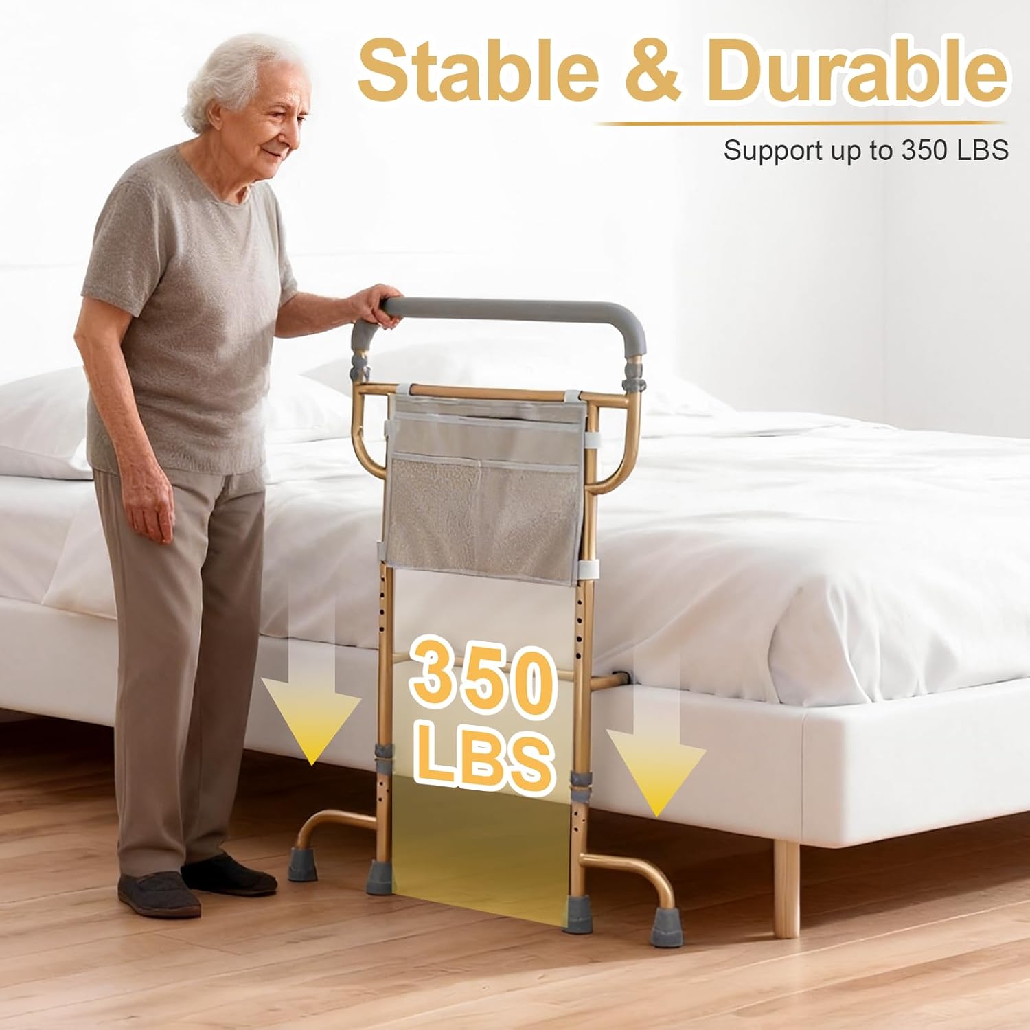 Bed Rails for Seniors with Non-Slip Handle, Storage Pocket, 360° Swivel Feet

