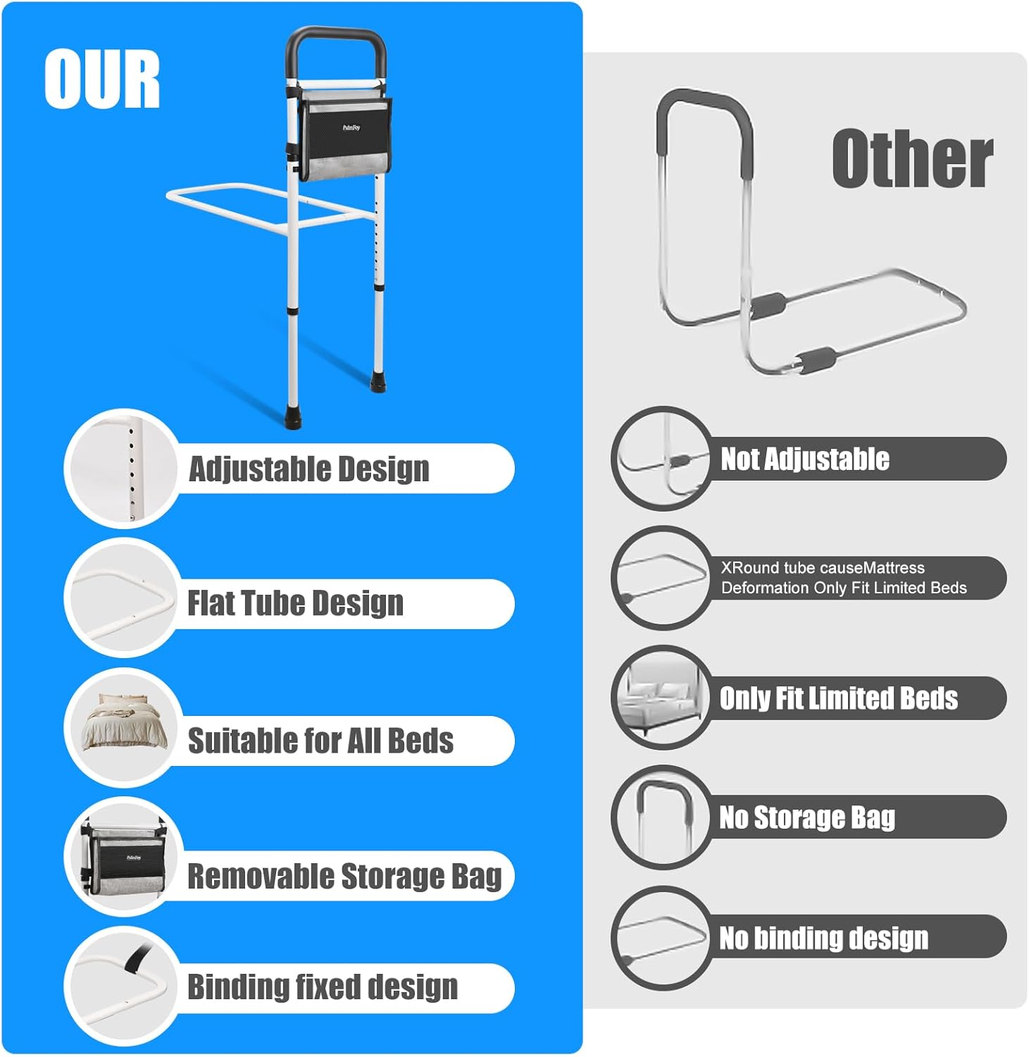 Height-Adjustable Bed Rails for Seniors with Safety Grip and Support Feet

