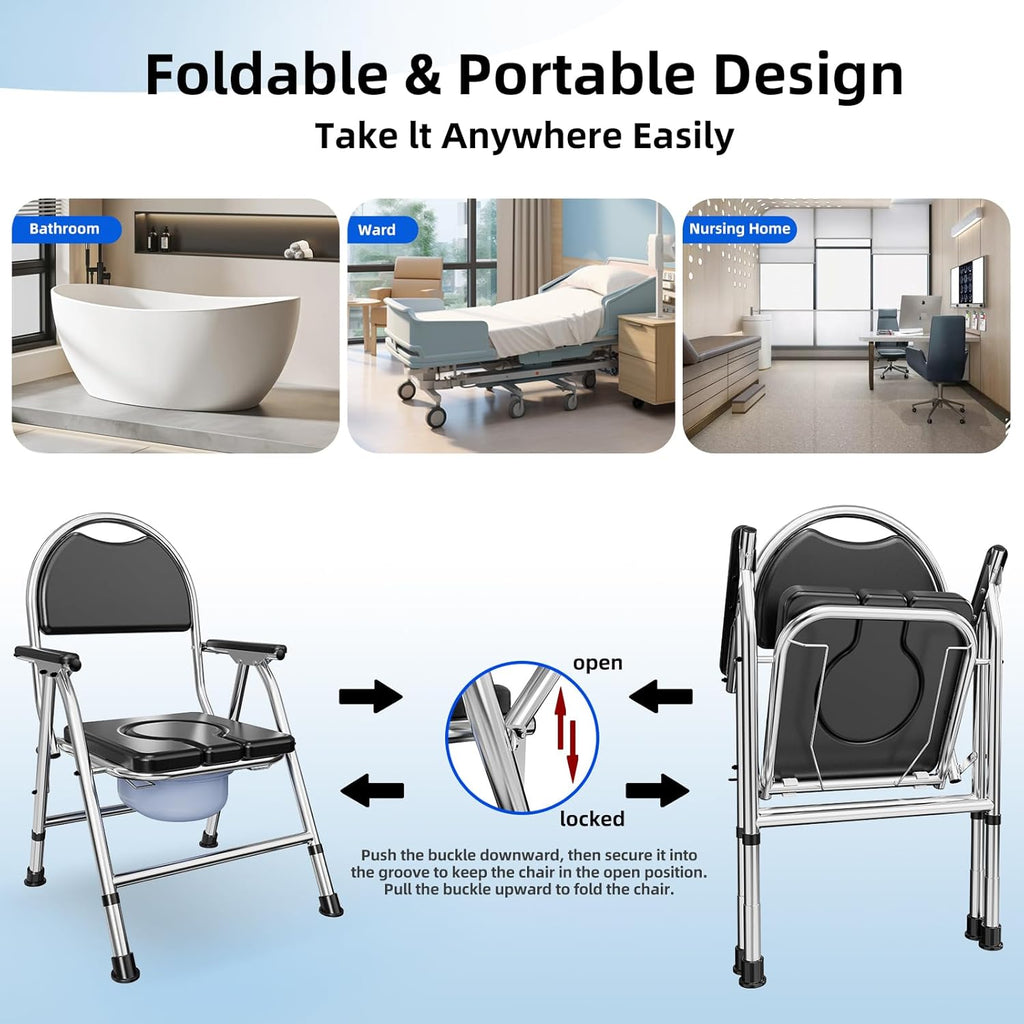4-in-1 Folding Bedside Commode Chair for Elderly with Arms and Back, Adjustable Height

