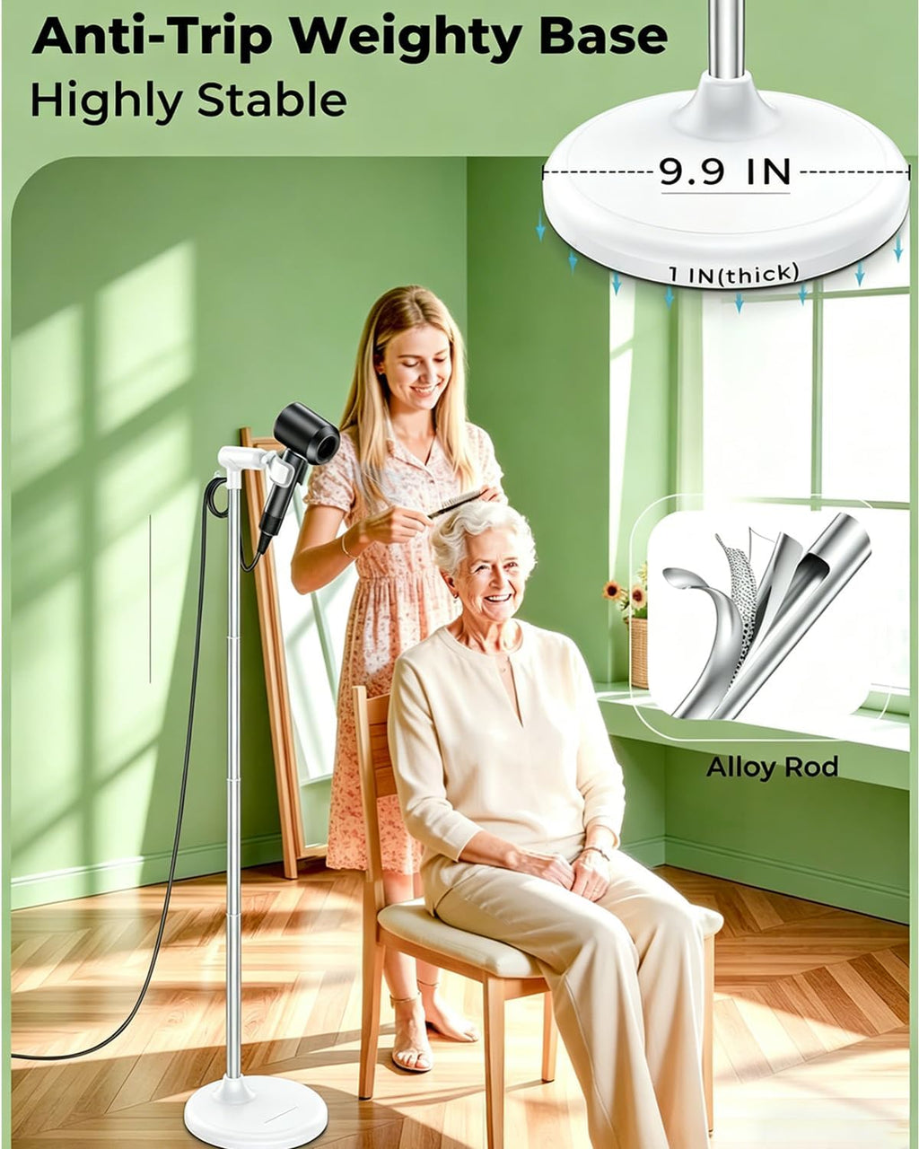 Hair Dryer Stand Hands-Free Adjustable Height Aluminum Alloy 360° Rotating Holder

