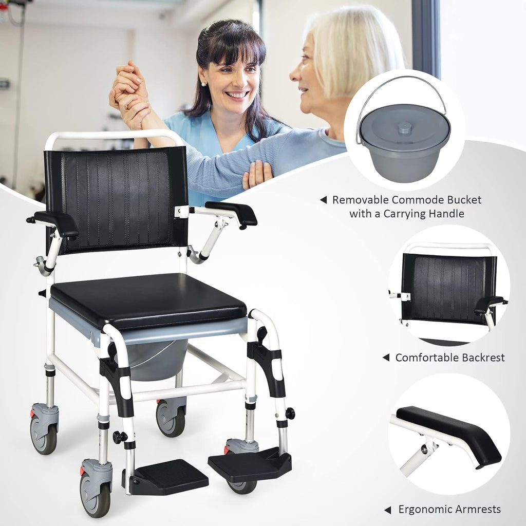 Giantex 4-in-1 Bedside Commode Shower Wheelchair Chair with Arms and Locking Wheels

