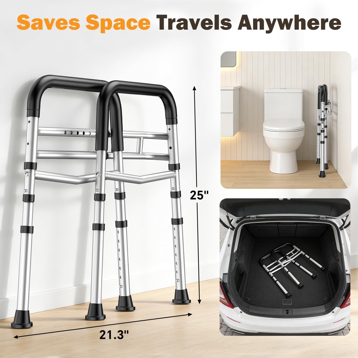 Toilet Safety Rail for Seniors Adjustable Height/Width Folding Handles 350 lb Capacity

