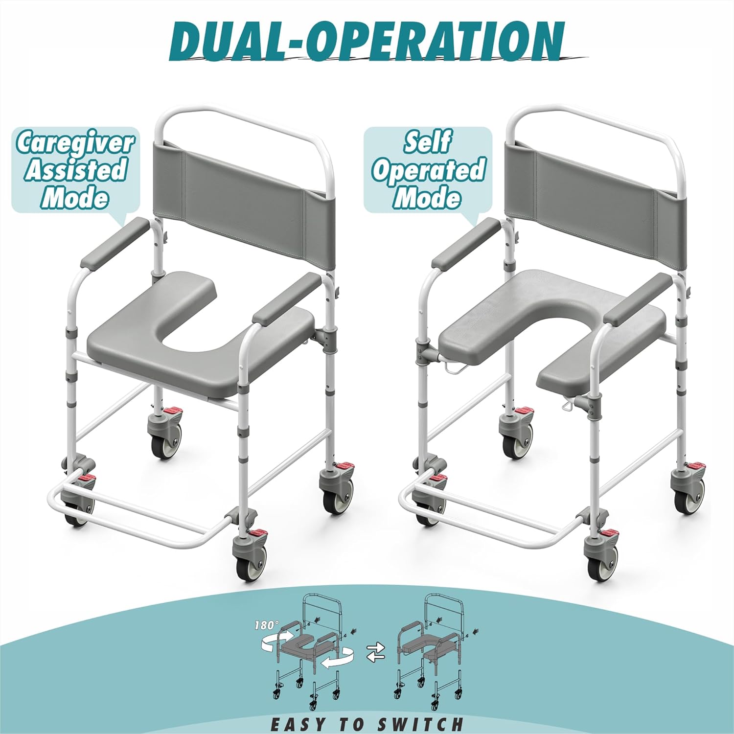 Bedside Commode with Wheels, Shower Wheelchair Potty Chair, 300 lb Weight Capacity

