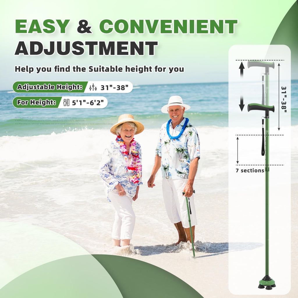 BeneCane Folding Walking Cane for Seniors, Adjustable Quad Cane with TPR T-Handle

