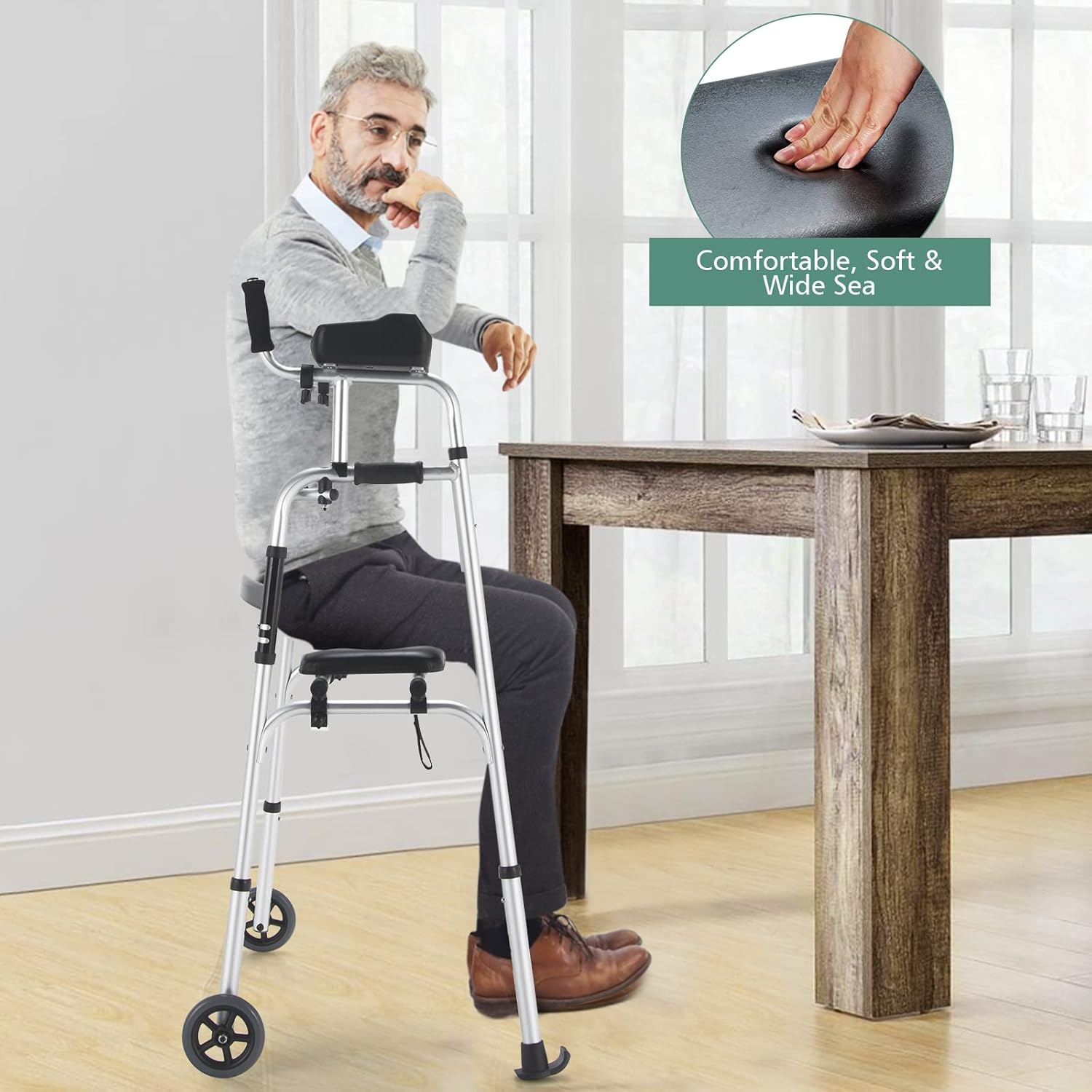 Goplus Folding Walker for Seniors, Lightweight Mobility Aid with Seat and Armrests

