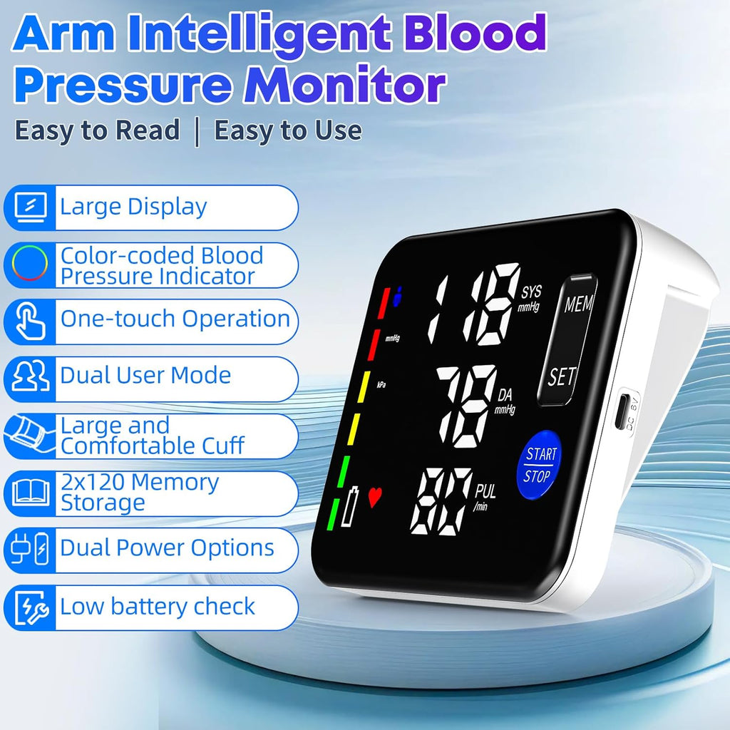 Upper Arm Blood Pressure Monitor for Home Use, Rechargeable, Voice, Large Screen

