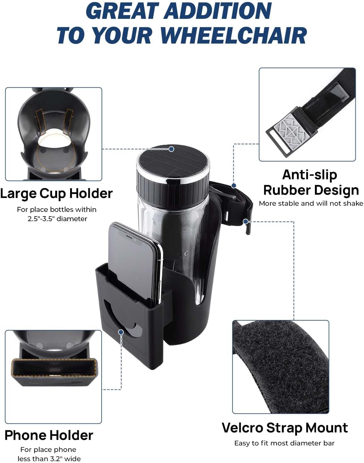 JOYTUTUS 2-in-1 Cup Holder for Wheelchair, Water Bottle & Phone Bracket

