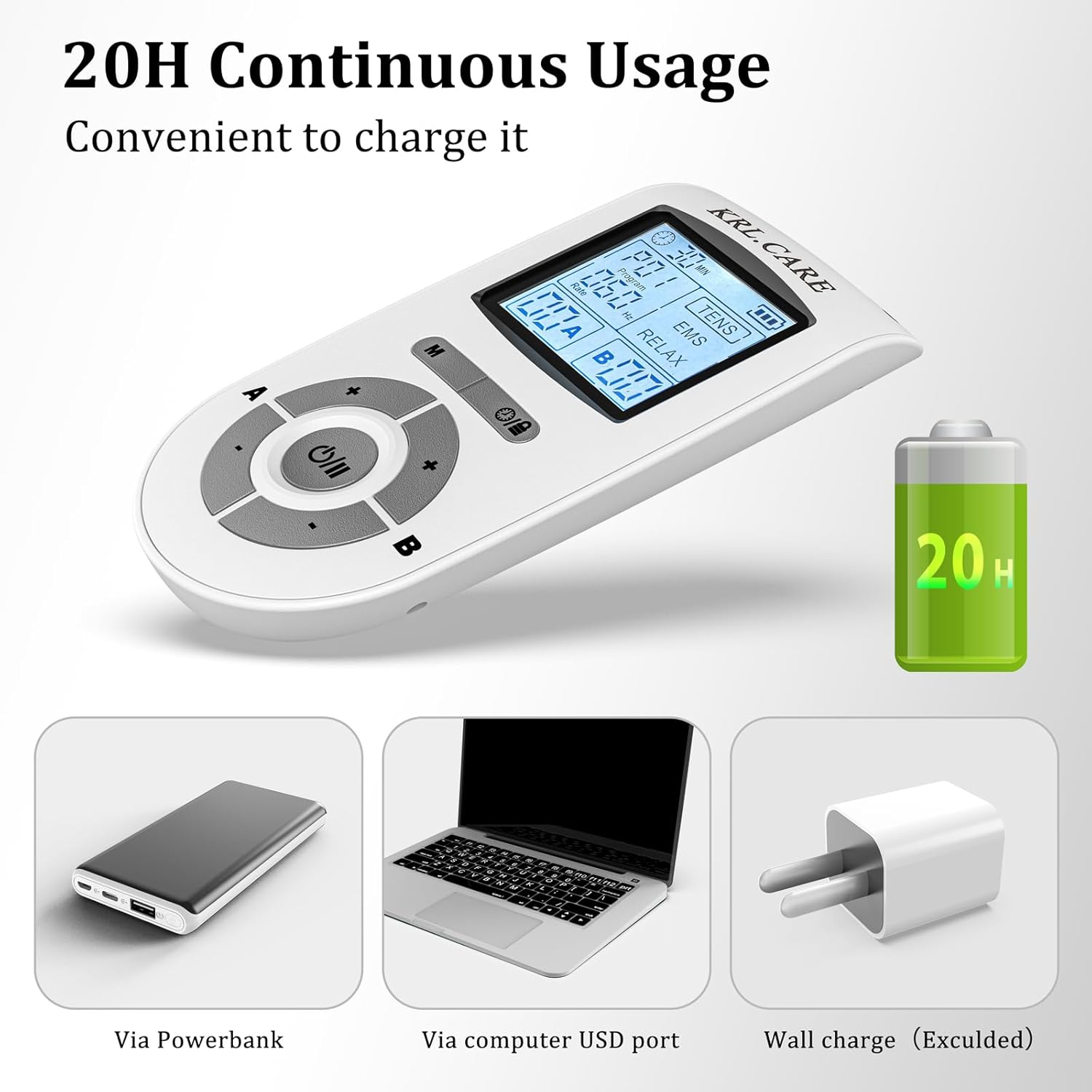 KRL.CARE Dual Channel TENS EMS Unit Muscle Stimulator with 8 Pads and 24 Modes

