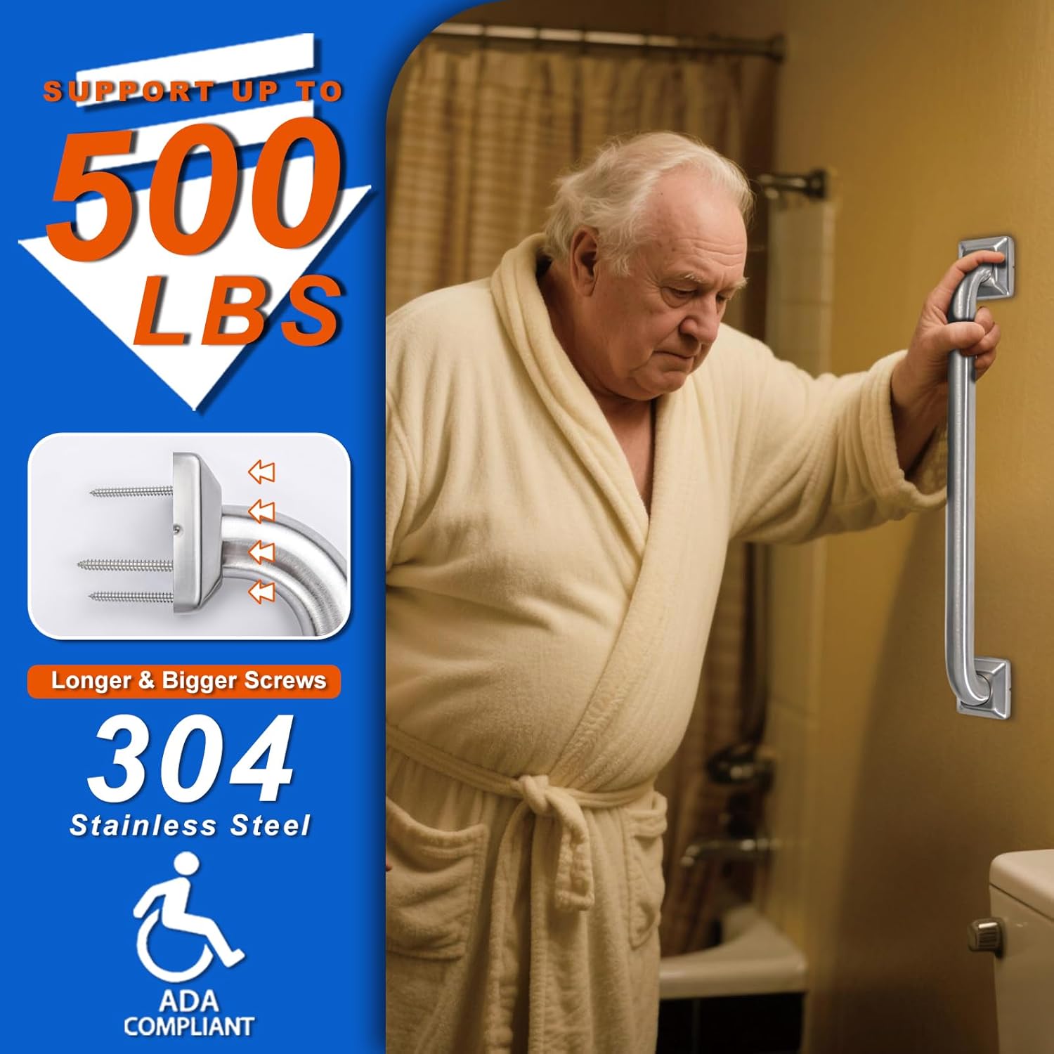 Stainless Steel ADA Grab Bar for Bathroom Shower Tub, 500 lb Load Capacity

