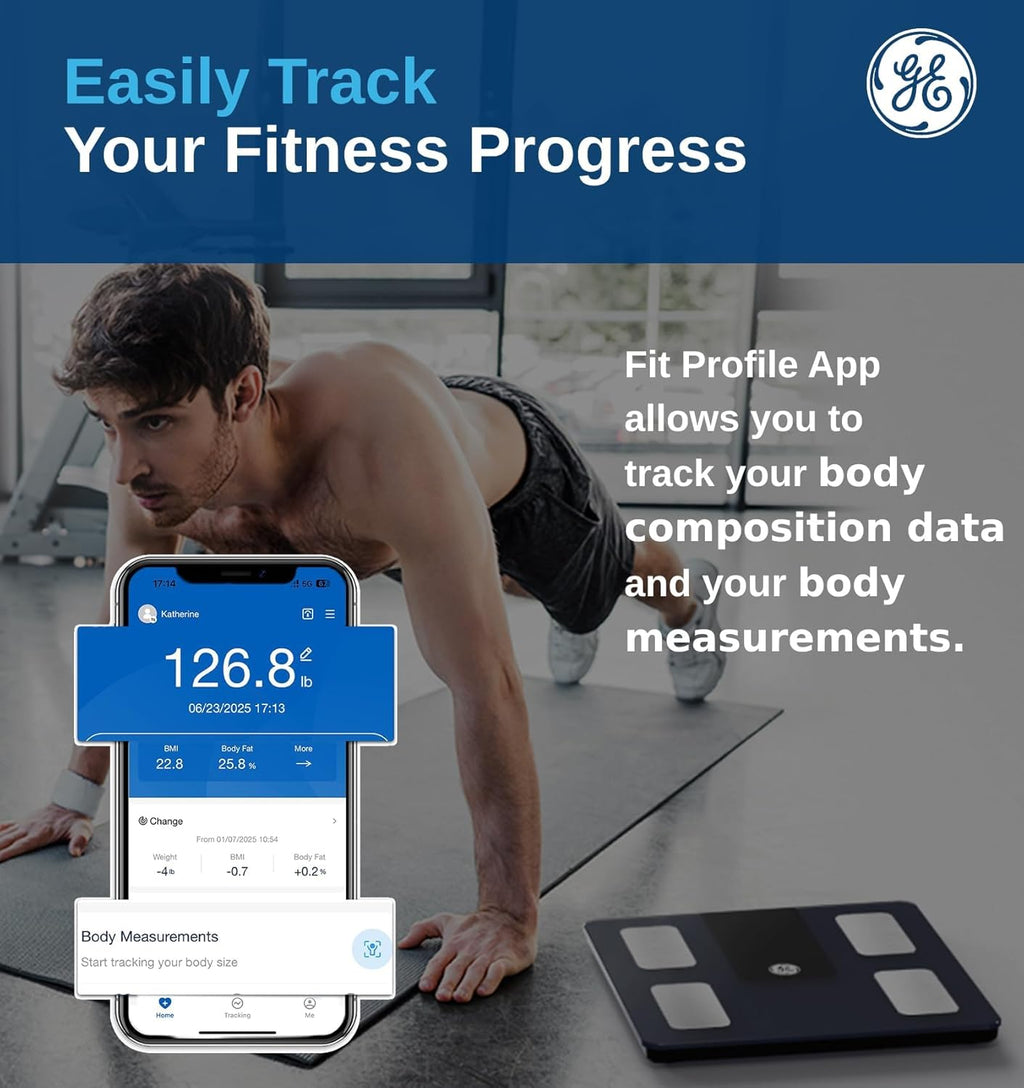 GE Smart Body Fat Scale with Bluetooth App, 14 Metrics, LCD, 400 lb Capacity

