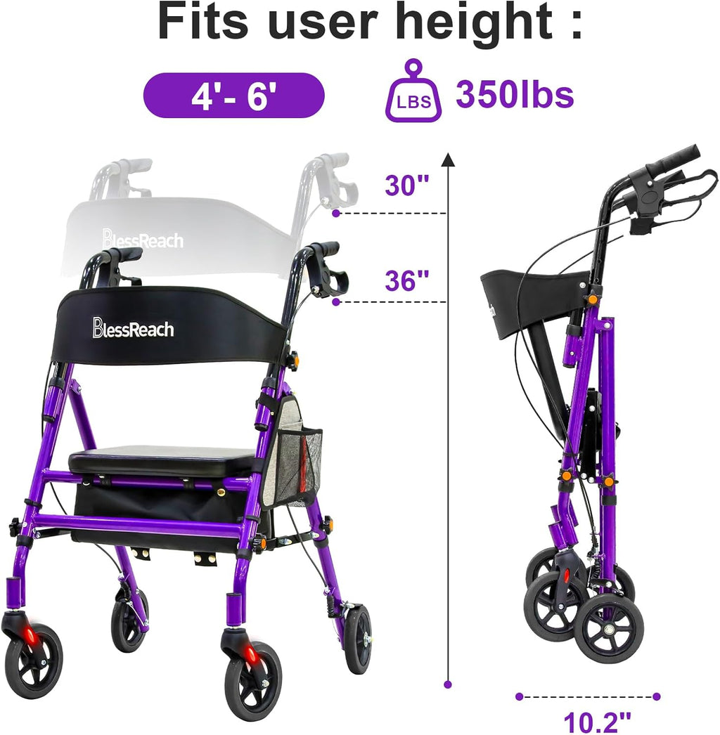 BlessReach Lightweight Foldable Rollator Walker with Seat, 350 lb Capacity, Adjustable Handle

