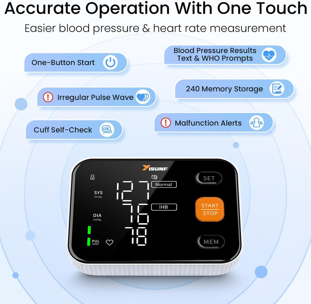 YISUNF Upper Arm Blood Pressure Monitor for Home Use, Backlit Dual-User 240-Set


