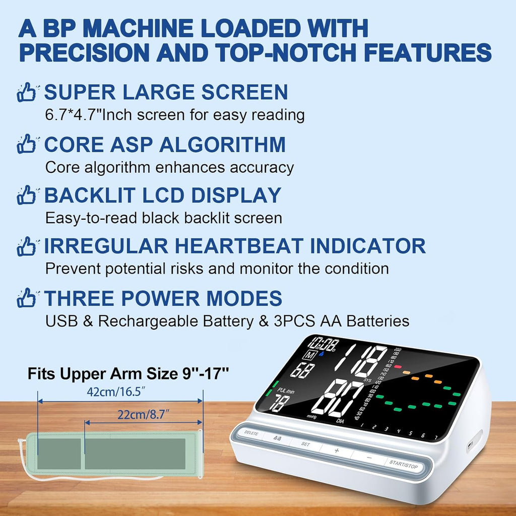Rechargeable Upper Arm Blood Pressure Monitor with Backlit Screen for 2 Users


