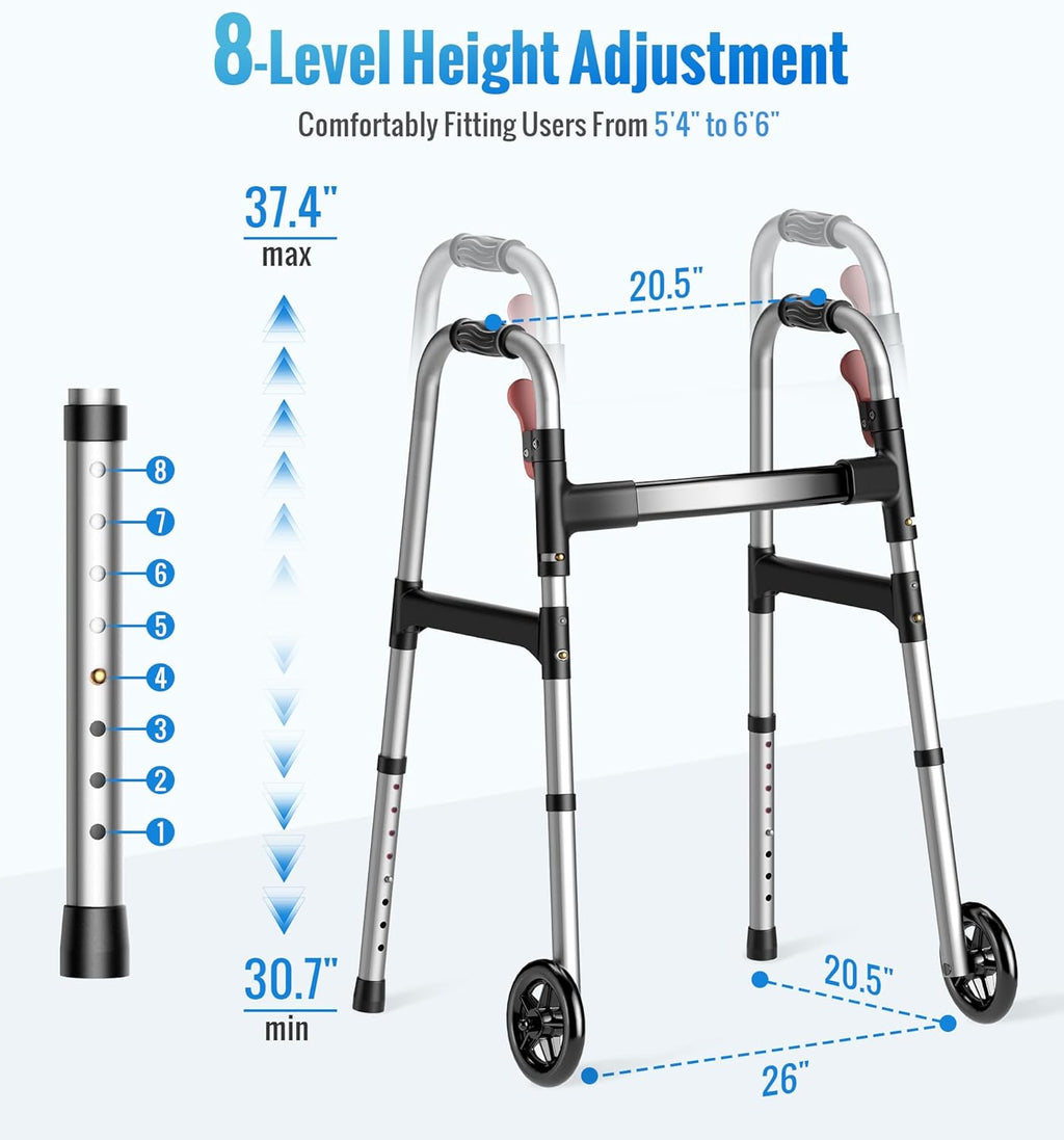 HOMLAND Walkers for Seniors One-Hand Folding Adjustable Height with Wheels

