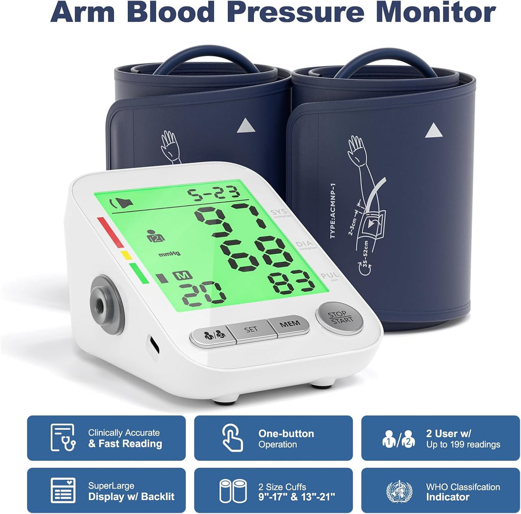Upper Arm Digital Blood Pressure Monitor, Electronic Sphygmomanometer with LCD

