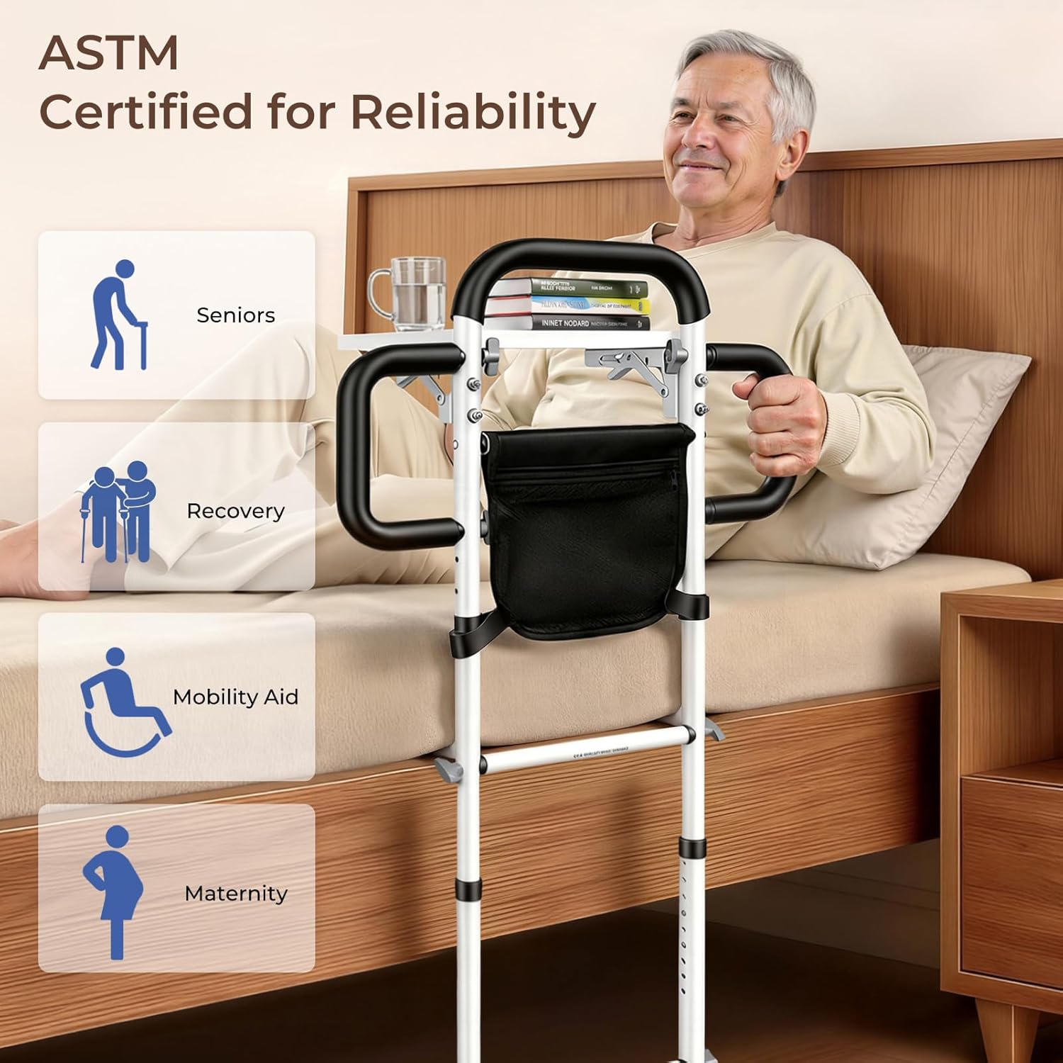 Height Adjustable Bed Rail for Elderly with Non-Slip Grip, Assist Bar and Table

