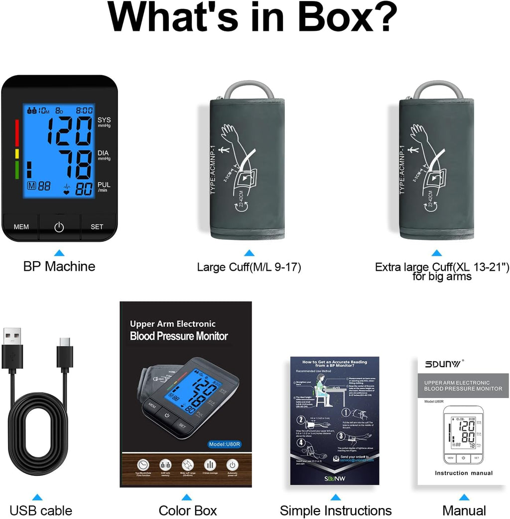 SDUNW Automatic Upper Arm Blood Pressure Monitor for Home Use with Dual-Size Cuffs

