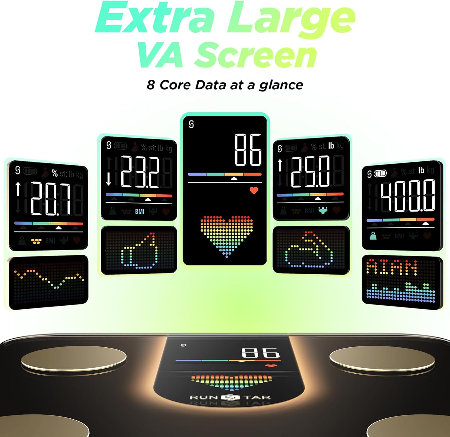 Runstar Smart Bathroom Scale, 8-in-1 VA Display for BMI Body Fat Heart Rate

