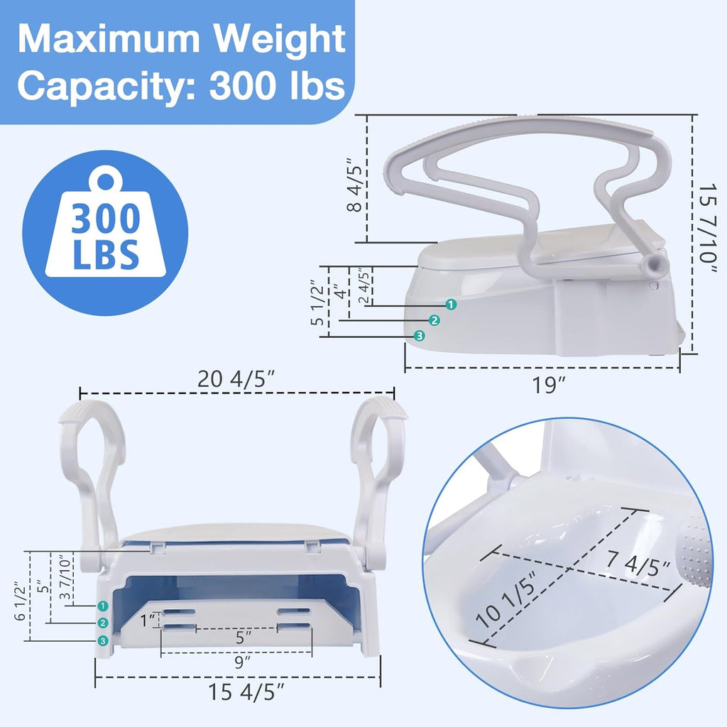 Soaids Raised Toilet Seat Riser with Handles, 3-Level Height Adjustable, 300 lb

