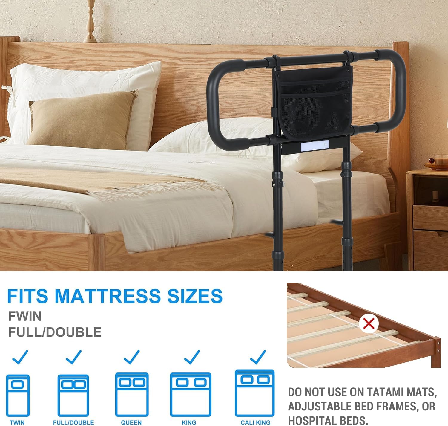 Bed Rails for Elderly Adults with Motion Sensor Light, Non-Slip Handles, Storage Bag

