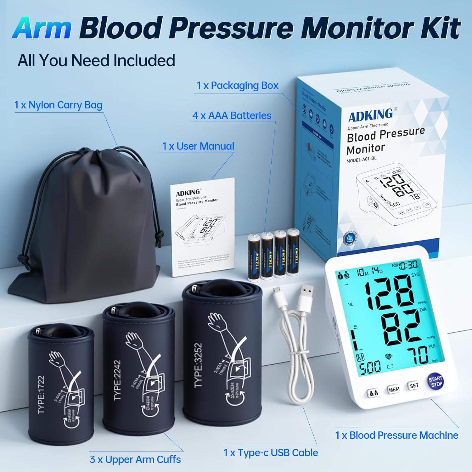 ADKING Upper Arm Electronic Blood Pressure Monitor with Large LCD, Dual User

