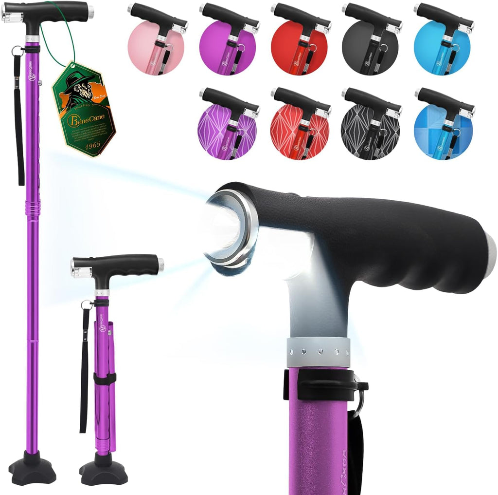 BeneCane Folding Walking Cane, Quad Base with Two LED Lights, Adjustable Stick

