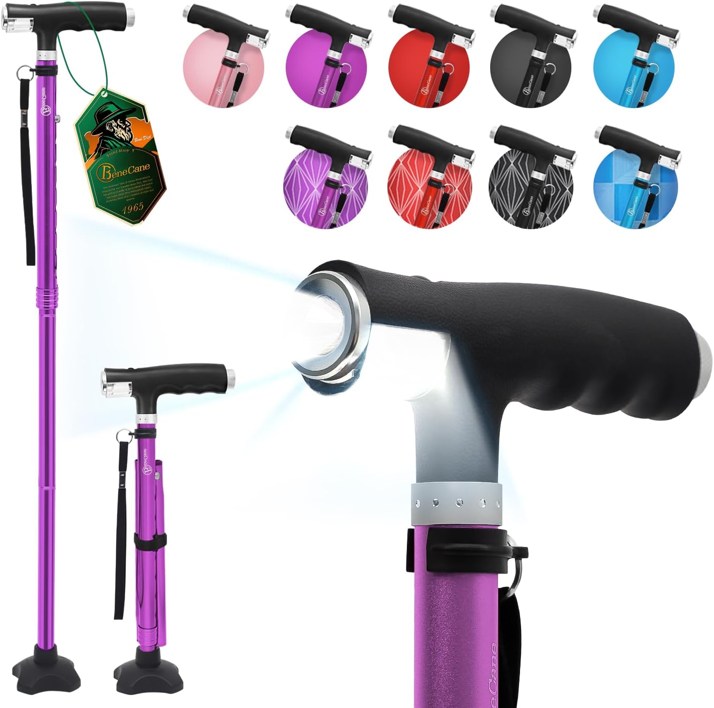 BeneCane Folding Walking Cane, Quad Base with Two LED Lights, Adjustable Stick

