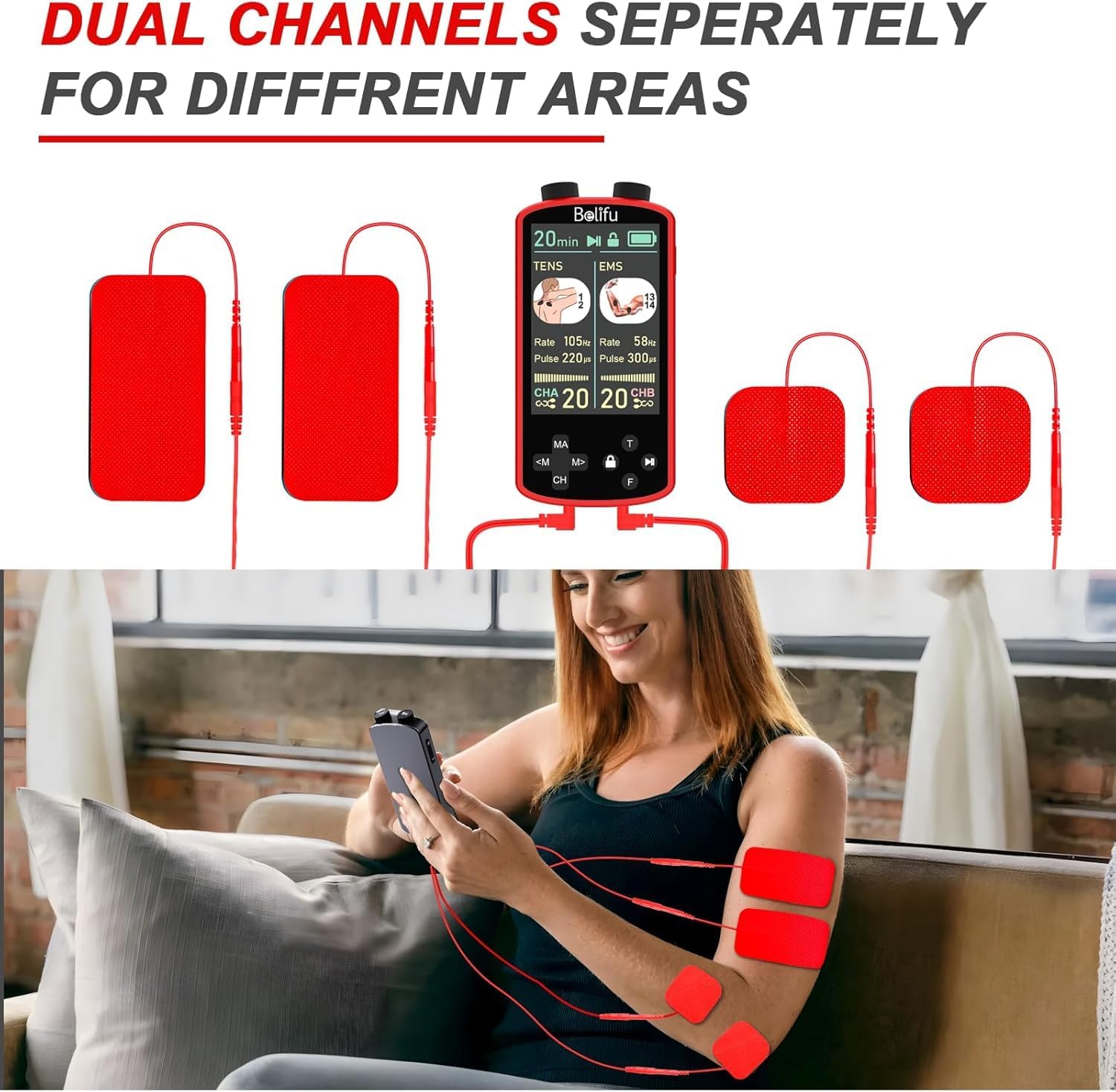 Belifu TENS EMS Muscle Stimulator for Pain Relief Therapy, 4-in-1

