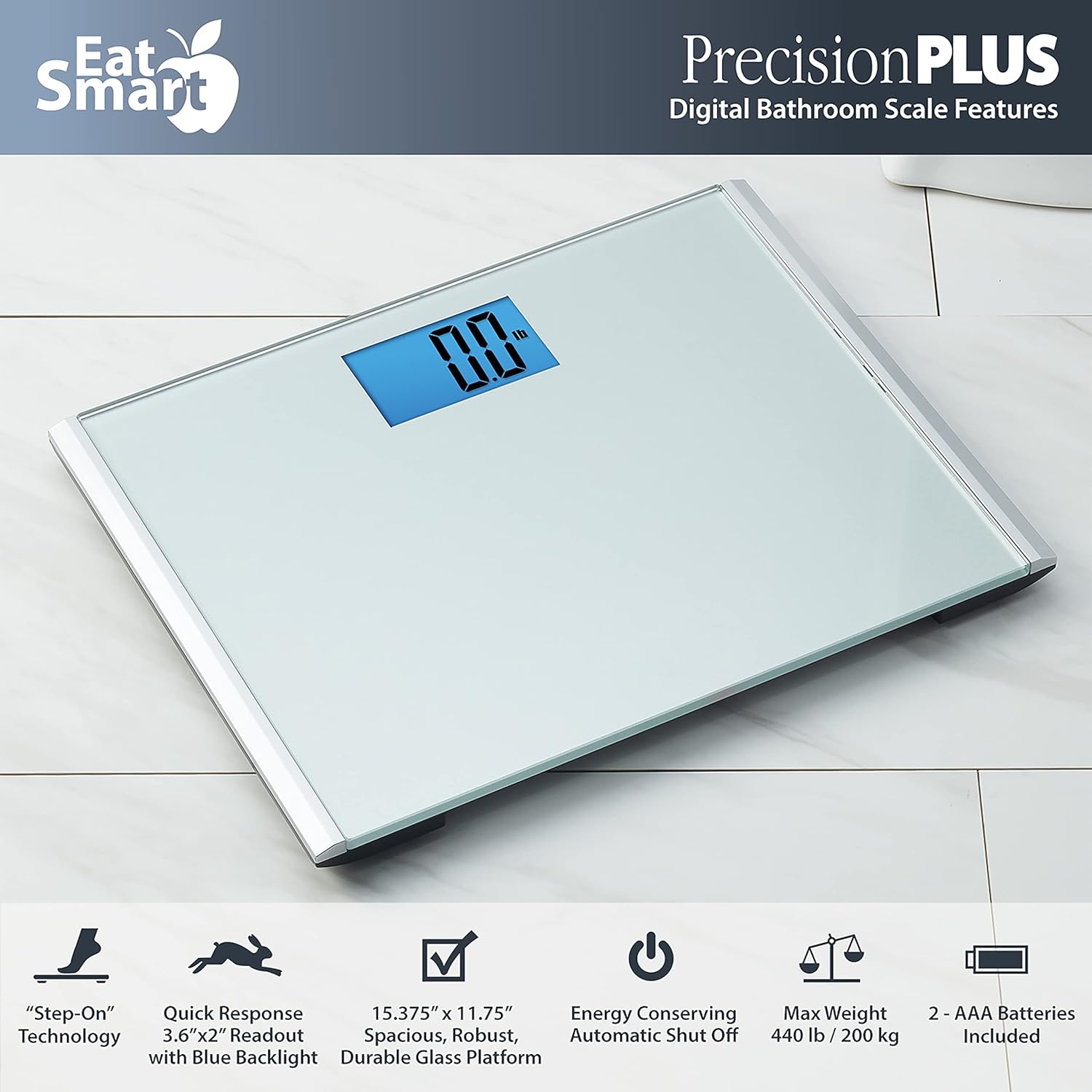 Eat Smart Precision Plus Digital Bathroom Scale, 440 lb Capacity, Step-On Platform

