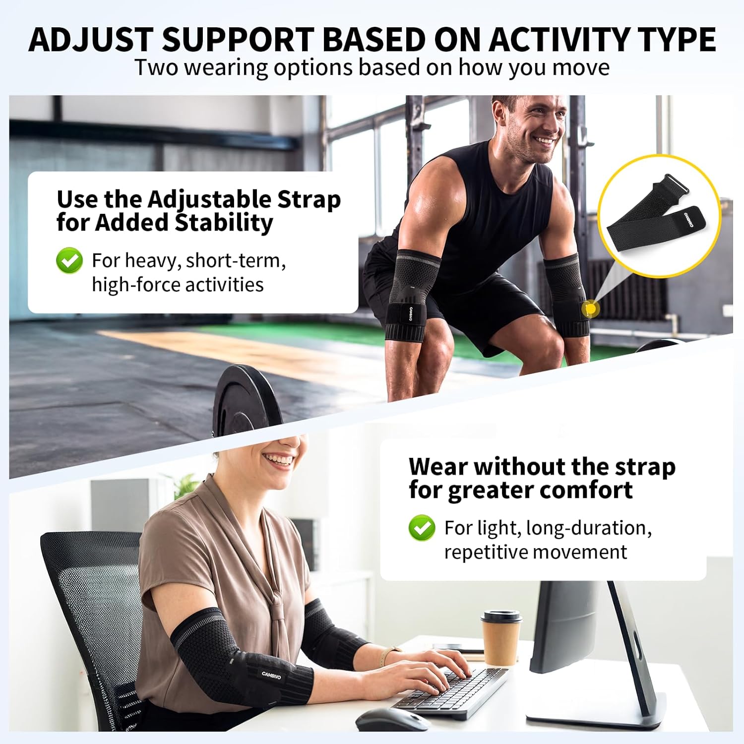 CAMBIVO Tennis Elbow Support Sleeve with Dual Gel Pads and Adjustable Strap

