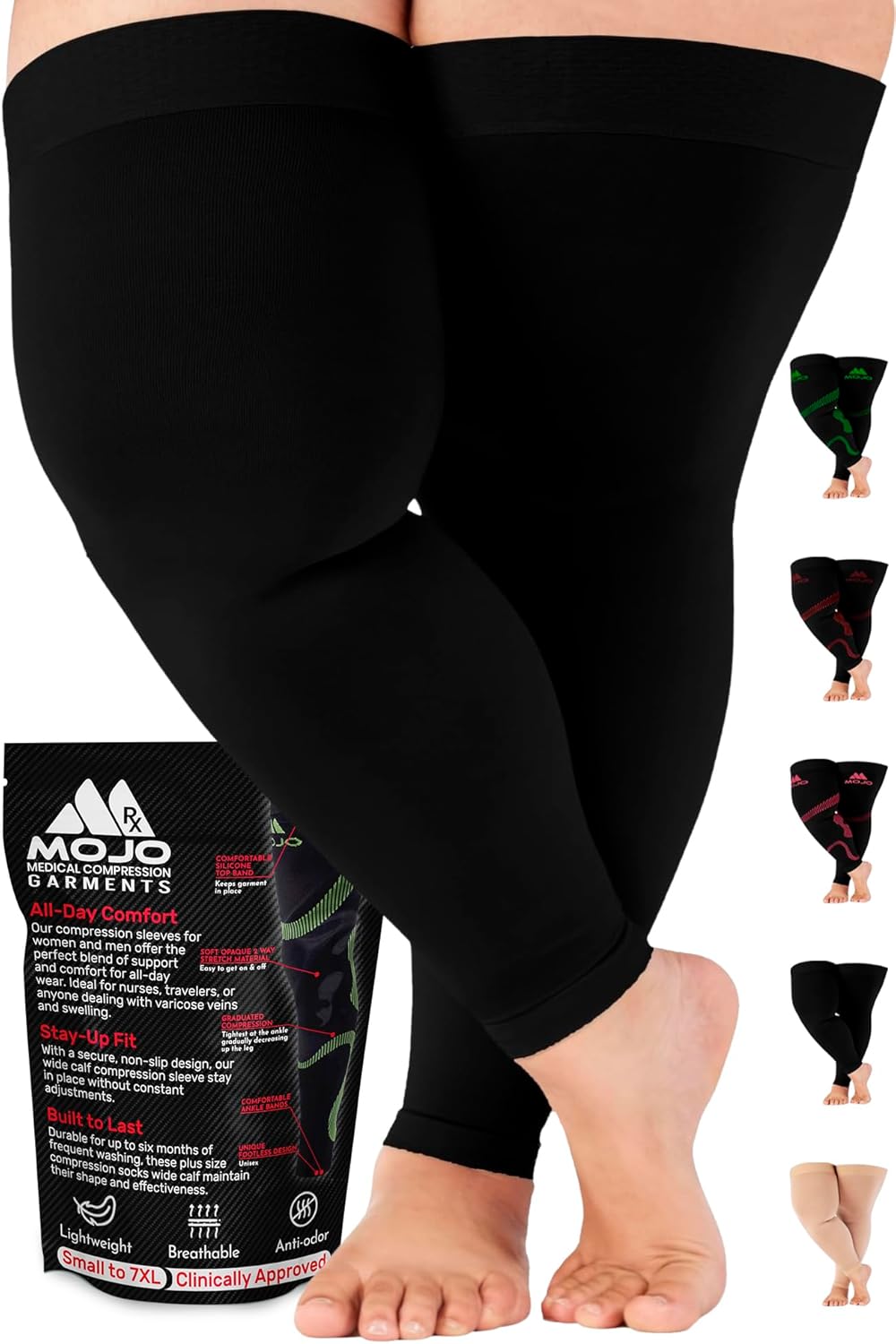 Mojo Compression Socks Thigh-Hi 20–30 mmHg Graduated Support Grip Top Pair

