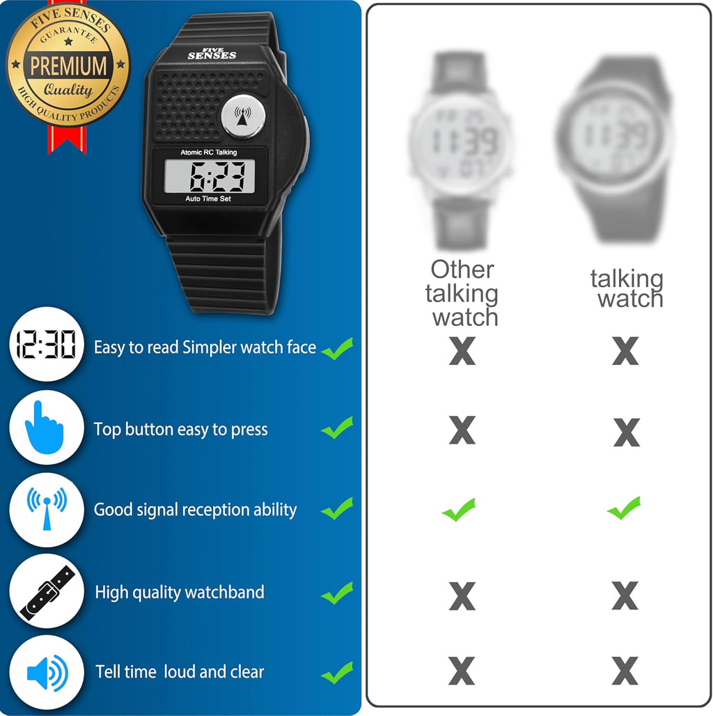 Five Senses English Atomic Talking Watch, Loud Audible Timepiece for Vision Impaired

