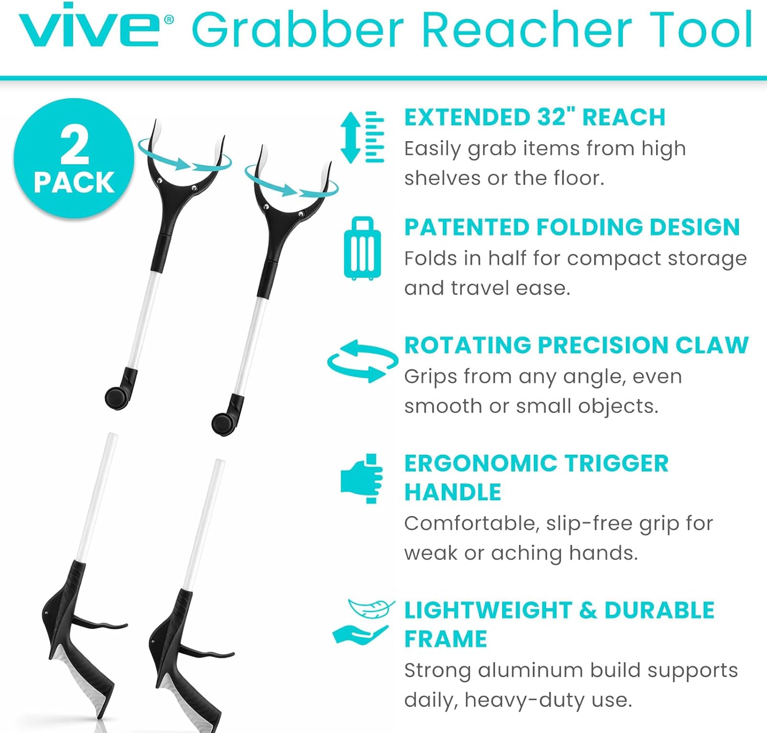 Vive 32 in Folding Grabber Reacher Tool with Rotating Jaw and Comfort Trigger


