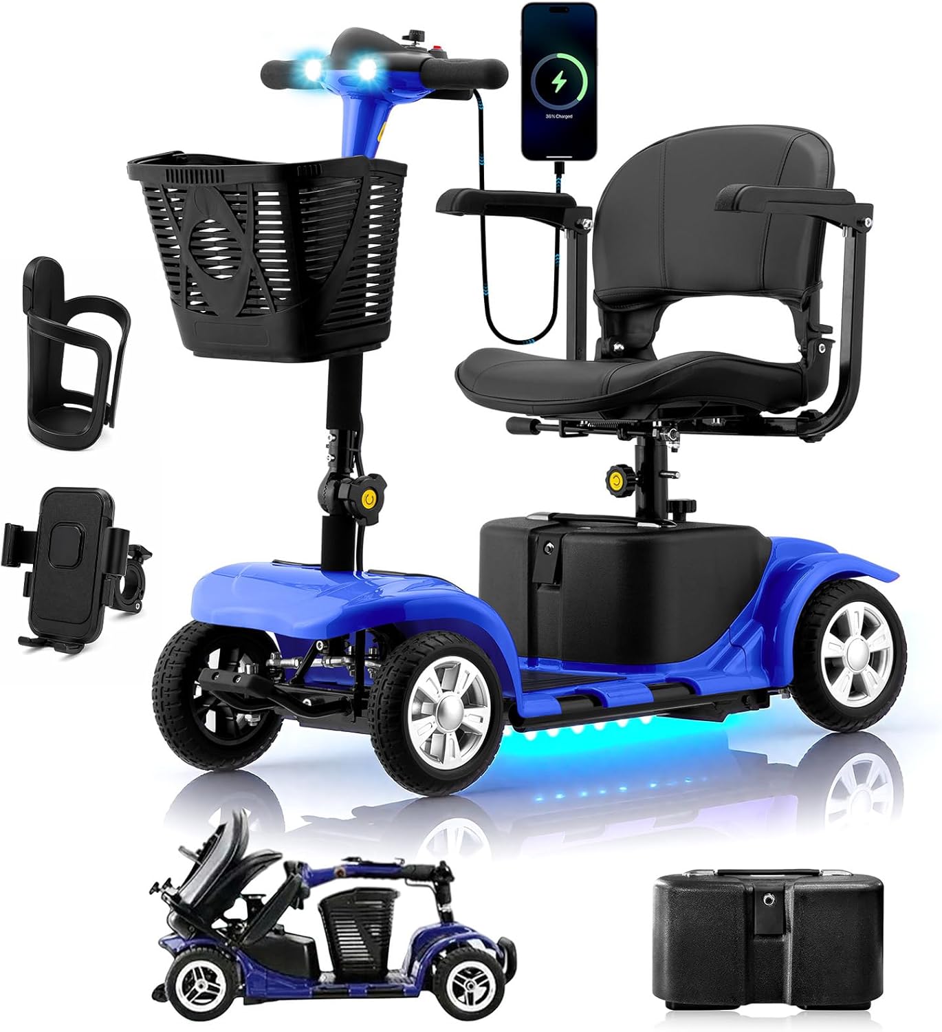 Electric Mobility Scooter for Adults, 4-Wheel Powered Scooter, LED Headlights & Basket

