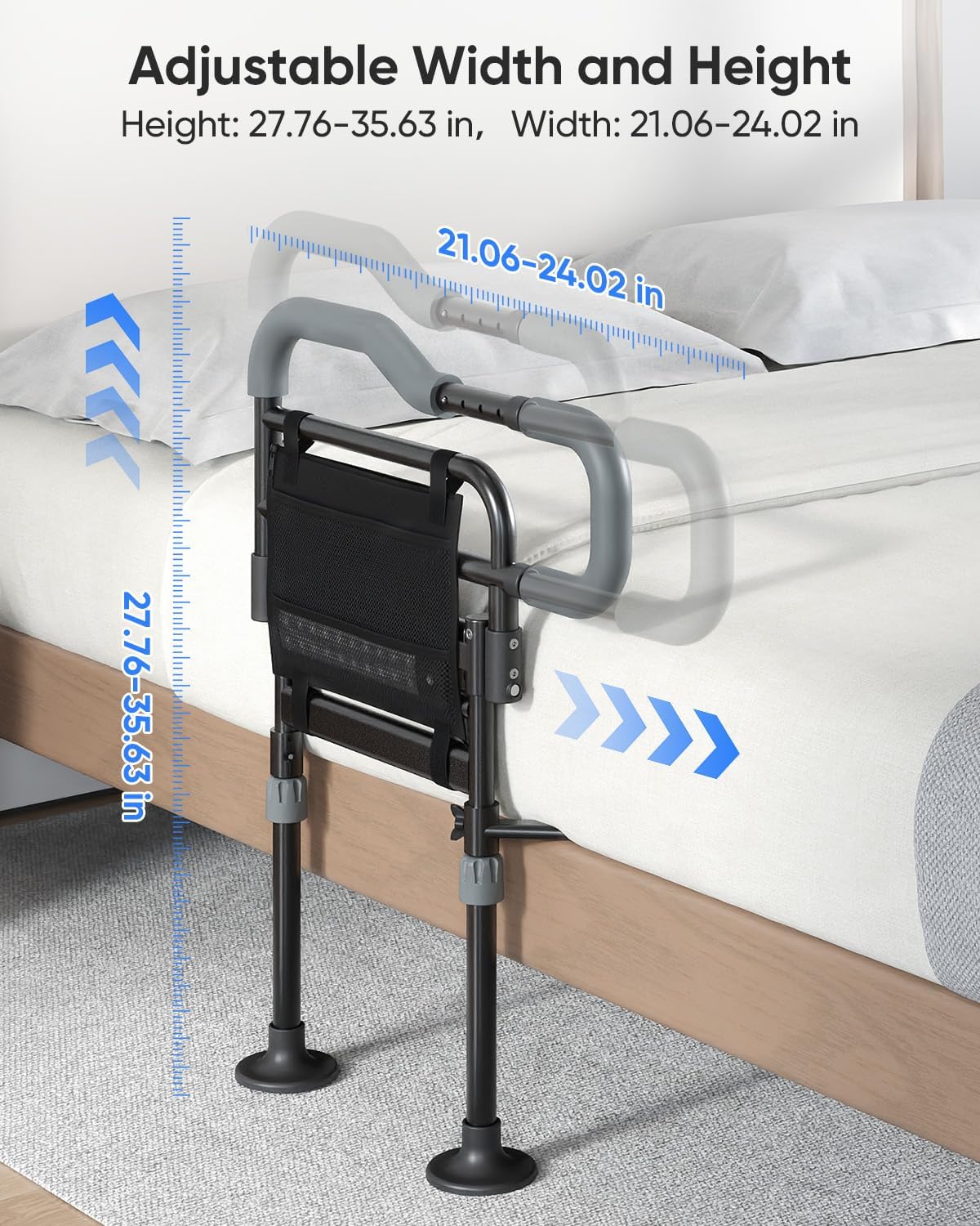 Folding Bed Rails for Elderly, Height-Adjustable Bed Assist Rail with Motion Light

