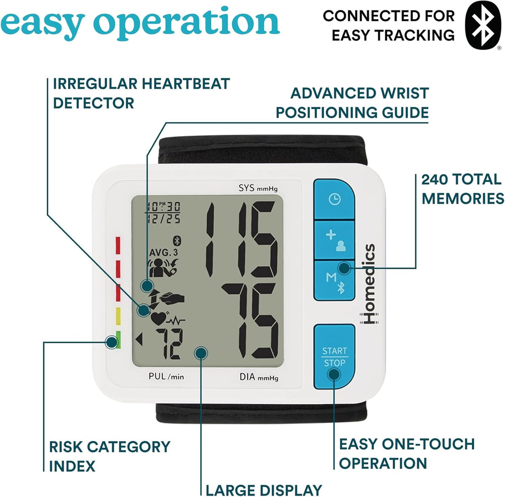 HoMedics 700 Series Wrist Blood Pressure Monitor, One-Touch, Bluetooth Home Use


