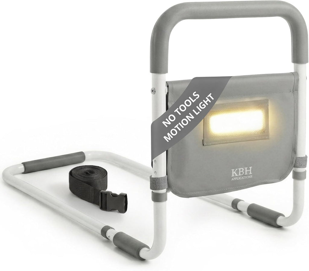 Bed Assist Rail for Seniors, Adjustable Non-Slip Handle with LED Light & Storage

