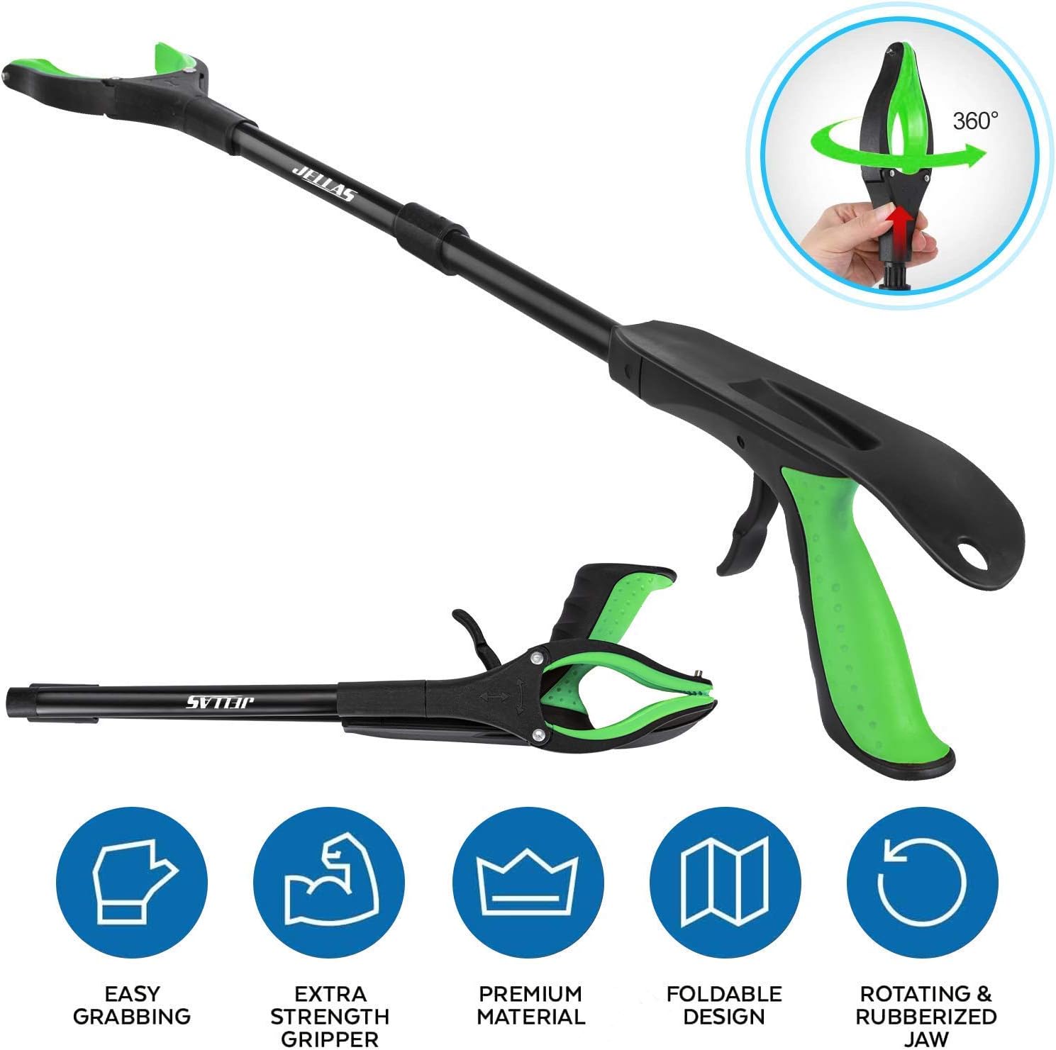 Jellas 2-Pack 32 Inch Grabber Reacher Tool Magnetic Tip 360 Rotating Jaw Shoe Horn

