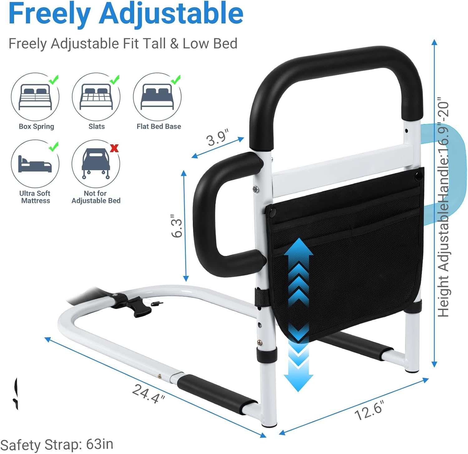 Klvied Bed Rails for Elderly, Adjustable Bed Safety Rail with Storage Bag

