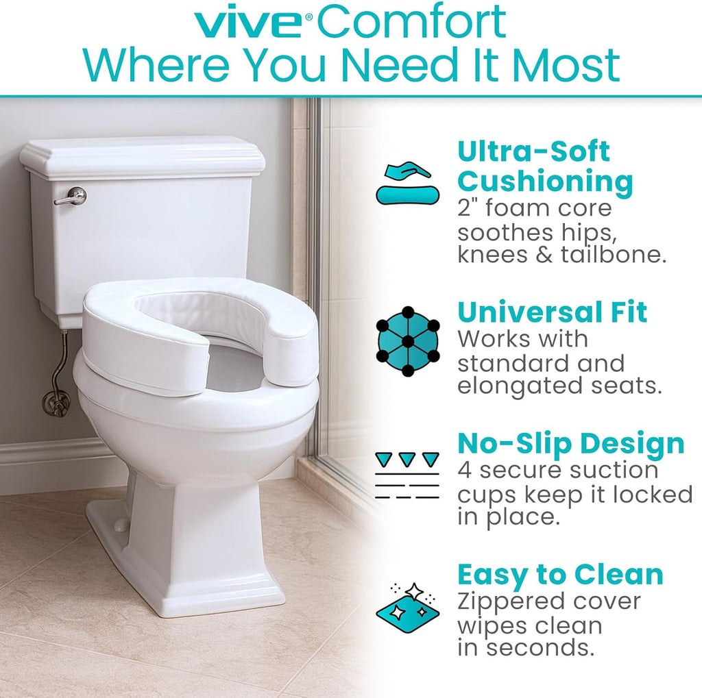 Vive Toilet Seat Pad for Elongated Standard Seats, Zippered Cover, Suction Attachment

