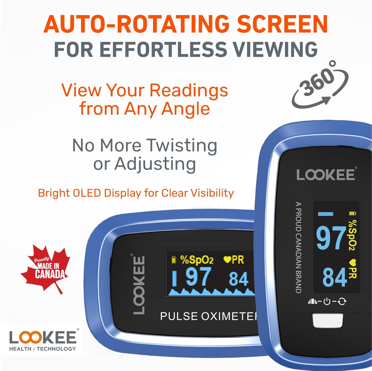 LOOKEE Deluxe Fingertip Pulse Oximeter, OLED Display, Plethysmograph Waveform

