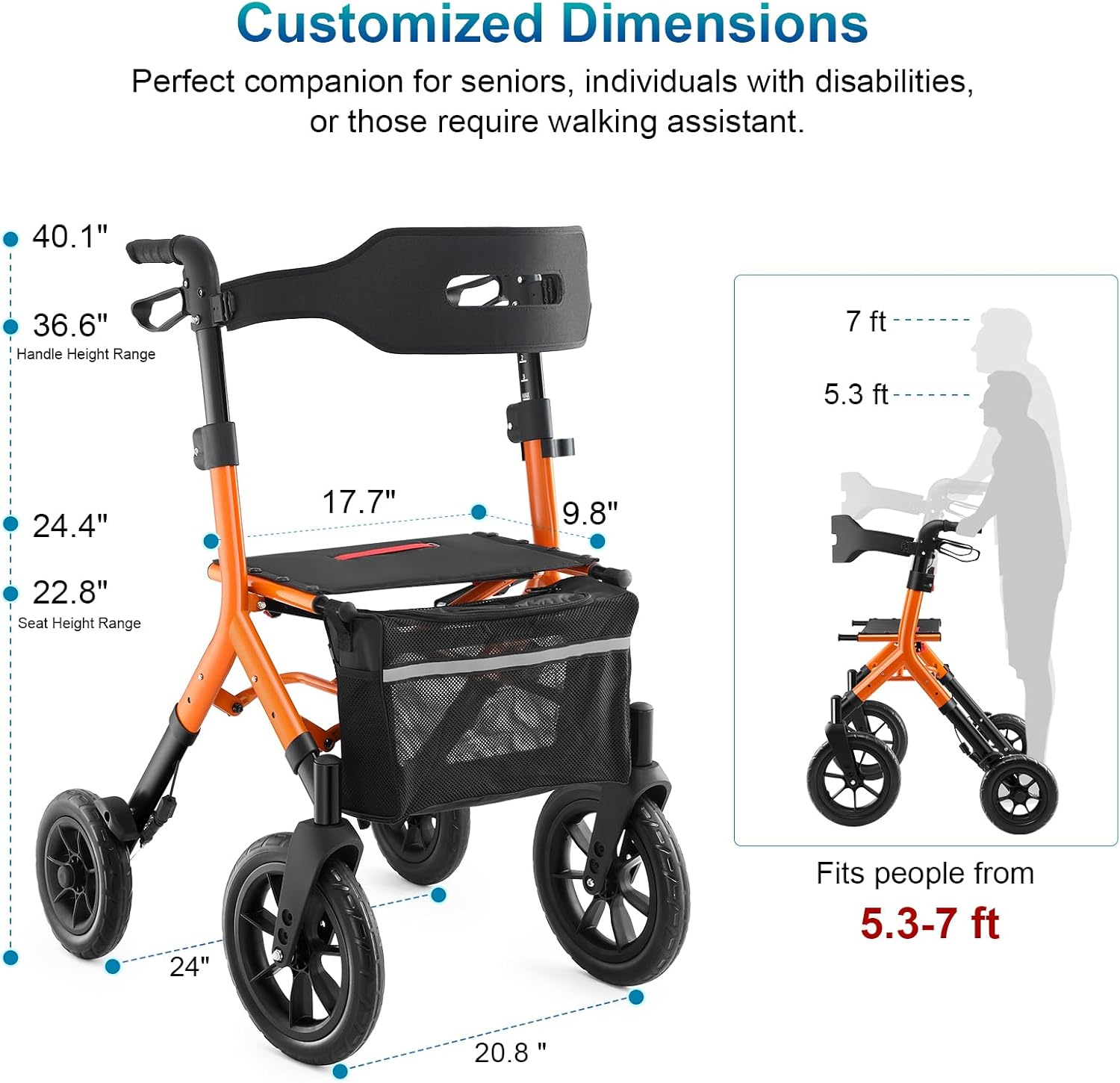 MAXWALK Rollator Walker with Seat, Tall All-Terrain 12-inch Rubber Wheels, Foldable

